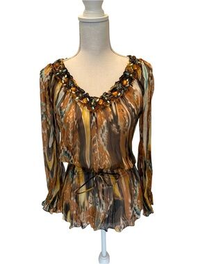 Cache Vintage Y2K Boho Beaded Peasant Blouse Festival Smocked Top Small/Medium